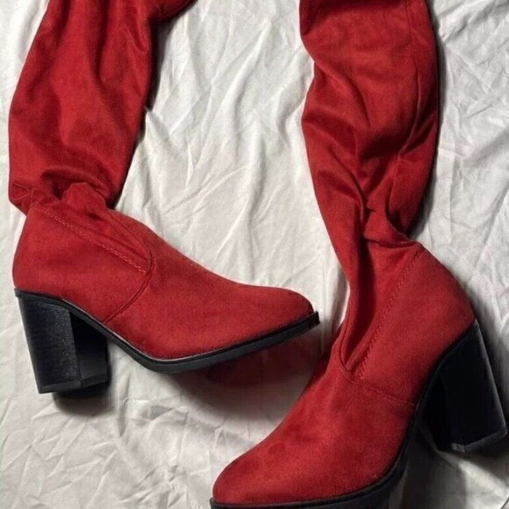 Forever Dream Pairs Over the Knee Suede Boots Red Sz 6 Strap Ties PullUp Holiday